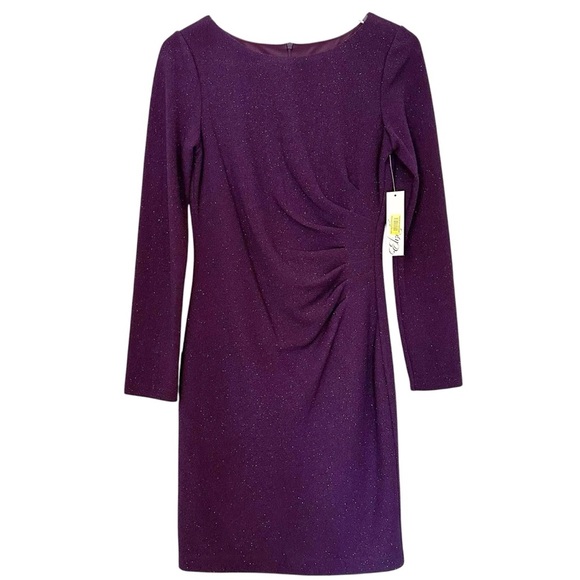 NWT Eliza J Long Sleeve Ruched Sheath Dress in Plum Glitter Size 6 - Picture 2 of 13